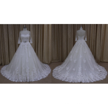 Middle Sleeve Lace Applique Long Train Wedding Dress